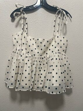 White Polka Dot Tie-Shoulder Peplum Camisole